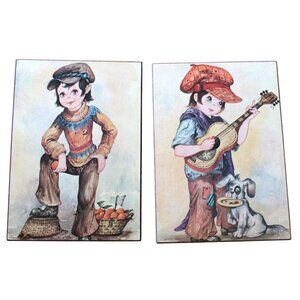 Vtg Retro Boho Pictures Panhandler Boy Dog Wall Hangings Wood‎ MCM Made In Italy